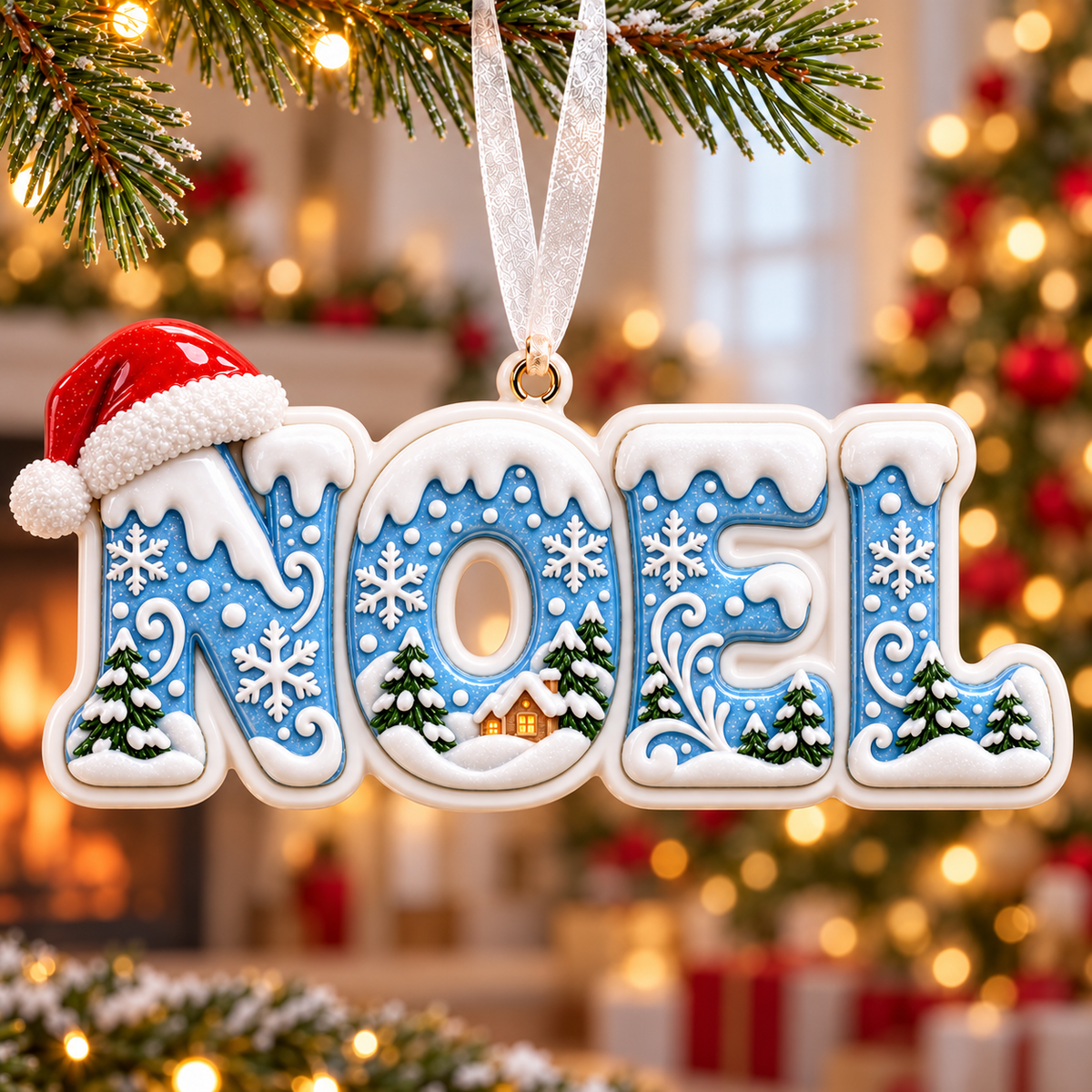 Winter Noel Lettering Holiday Tree Hanging Decor with Santa Hat - 3D Relief Ornament