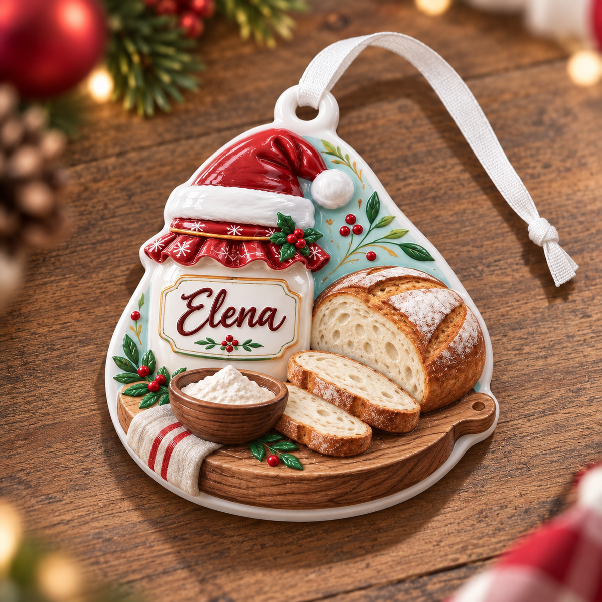 Sourdough Bread Baker Christmas Decoration with Starter Jar and Sliced Loaf - 3D Relief Ornament