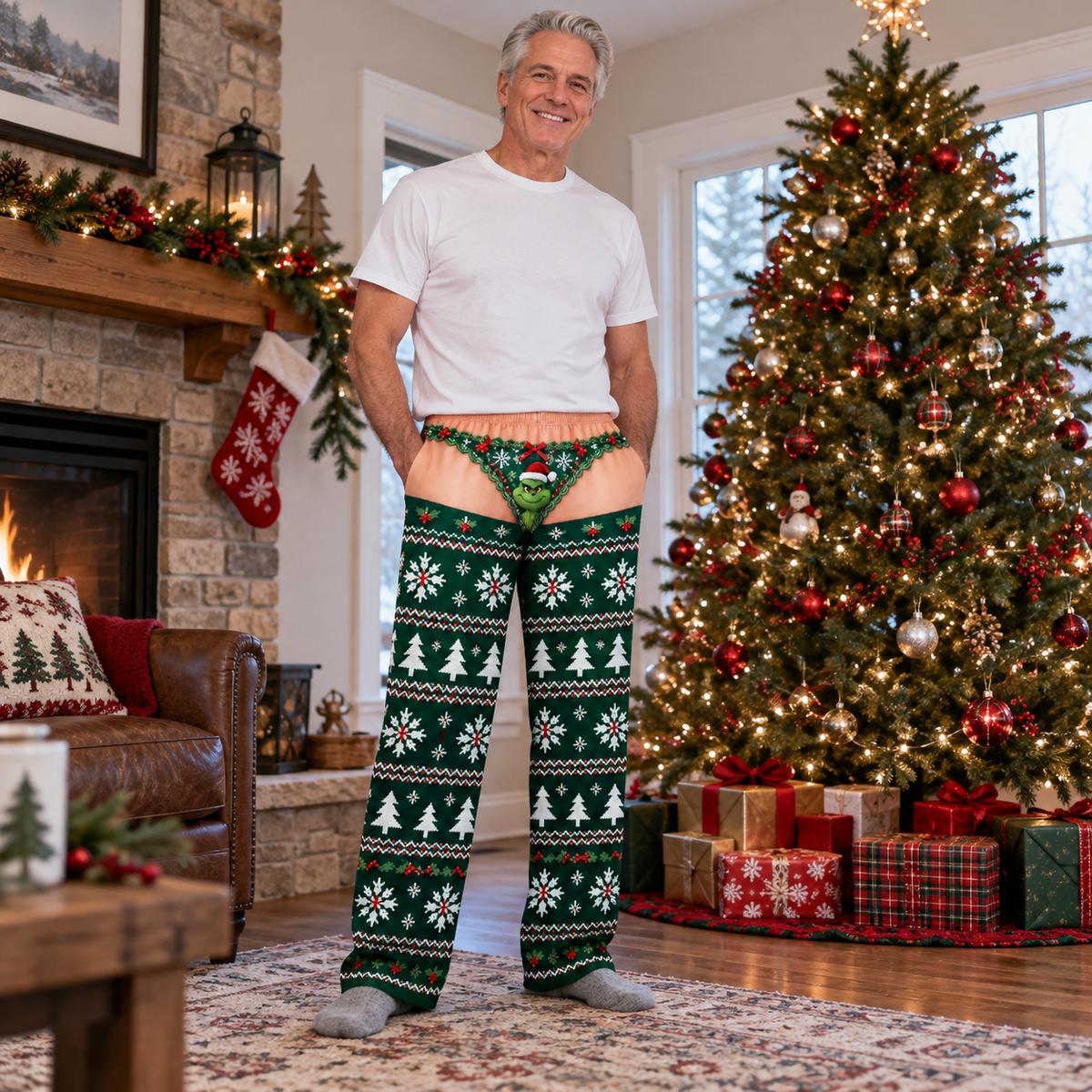Novelty Christmas Pajama Pants with Faux Low Rise Print