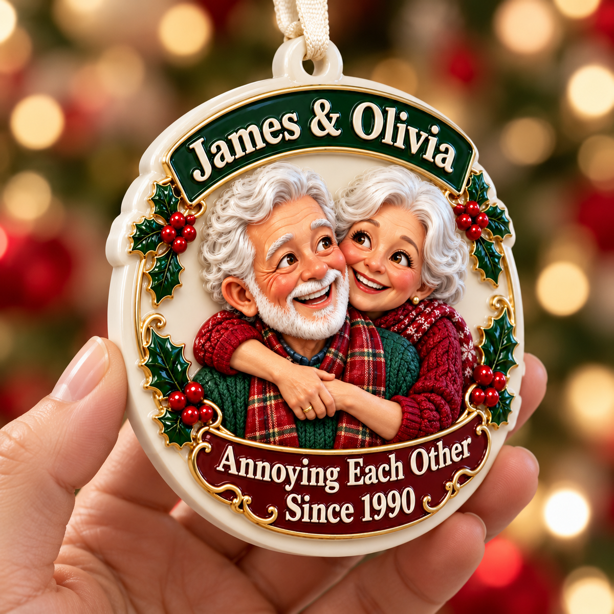 Elderly Couple Annoying Each Other Round Ceramic Holiday Keepsake - 3D Relief Ornament