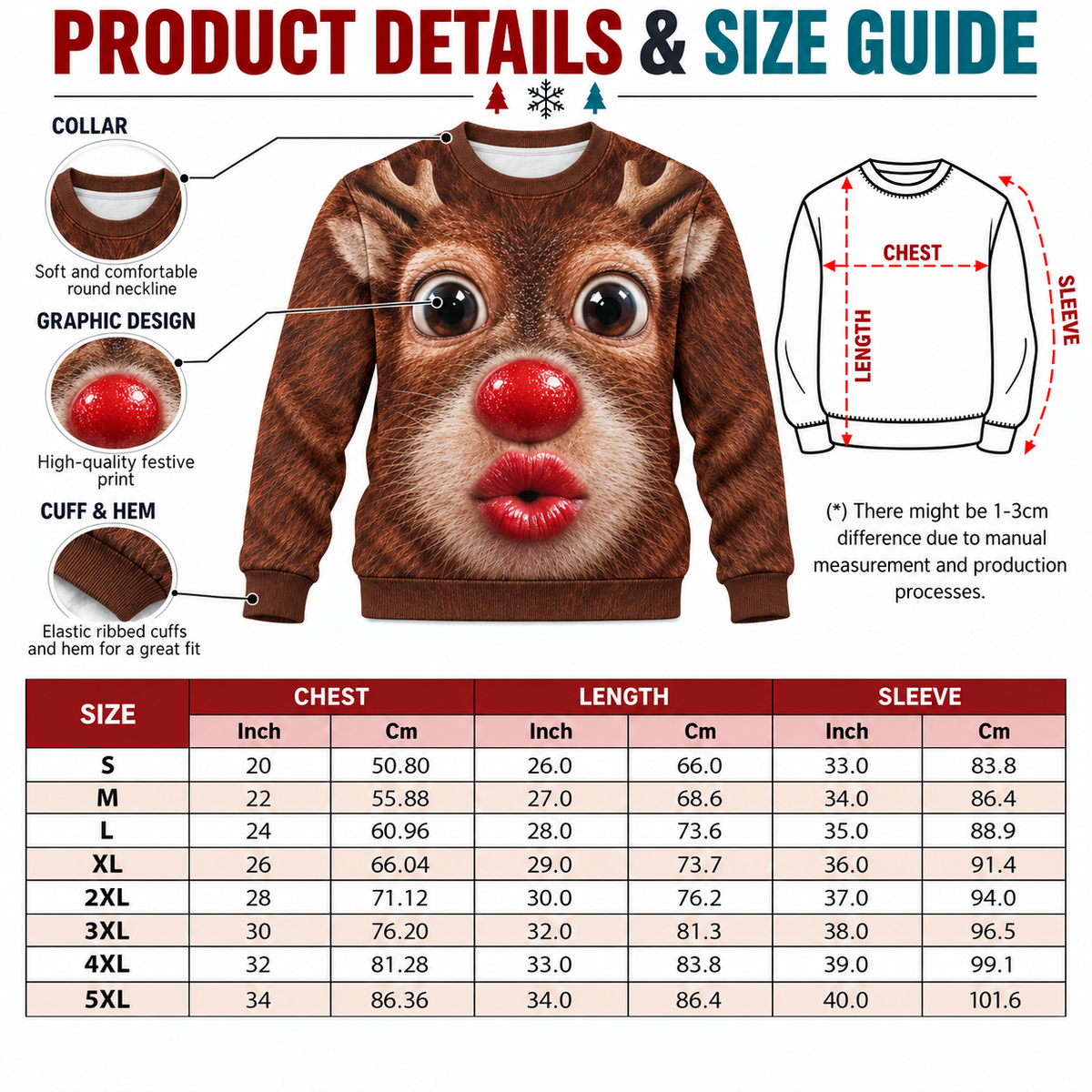 Funny Christmas Sweatshirt 3D Kissing Face Holiday Character Pullover
