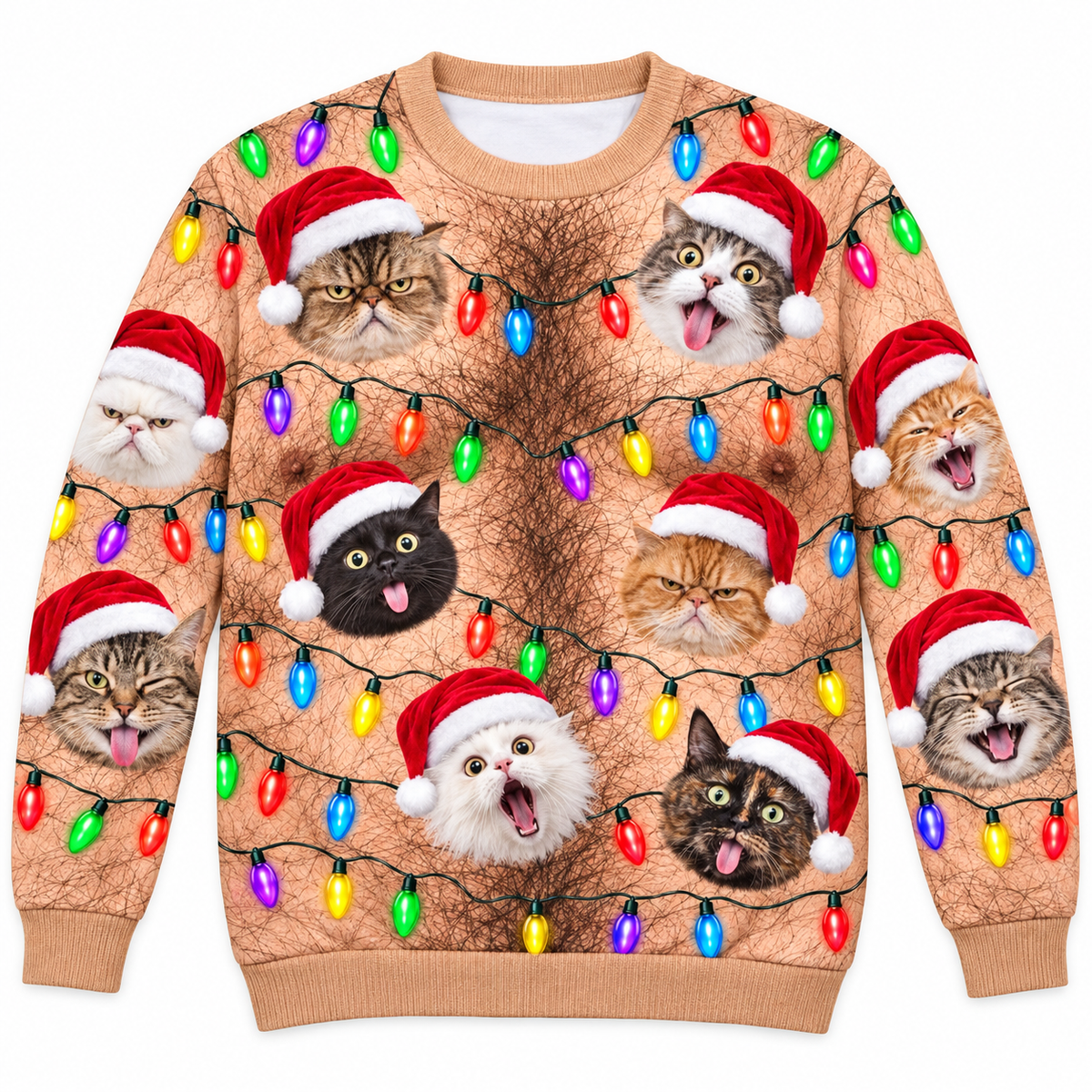 Christmas Sweatshirt, Funny Hairy Chest Holiday Lights Crewneck Top