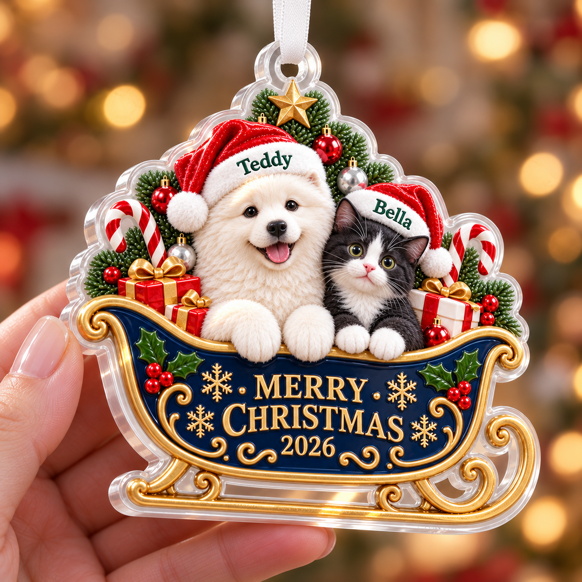 Dog and Cat in Santa Sleigh Acrylic Christmas Holiday Hanging Decoration - 3D Relief Ornament