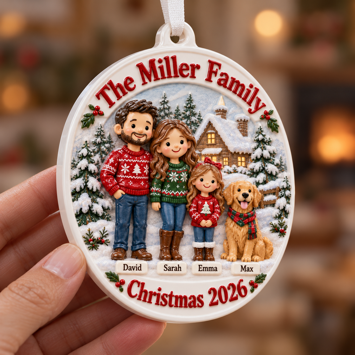 Family of Three with Dog Snowy Cabin Scene Holiday Keepsake - 3D Relief Ornament