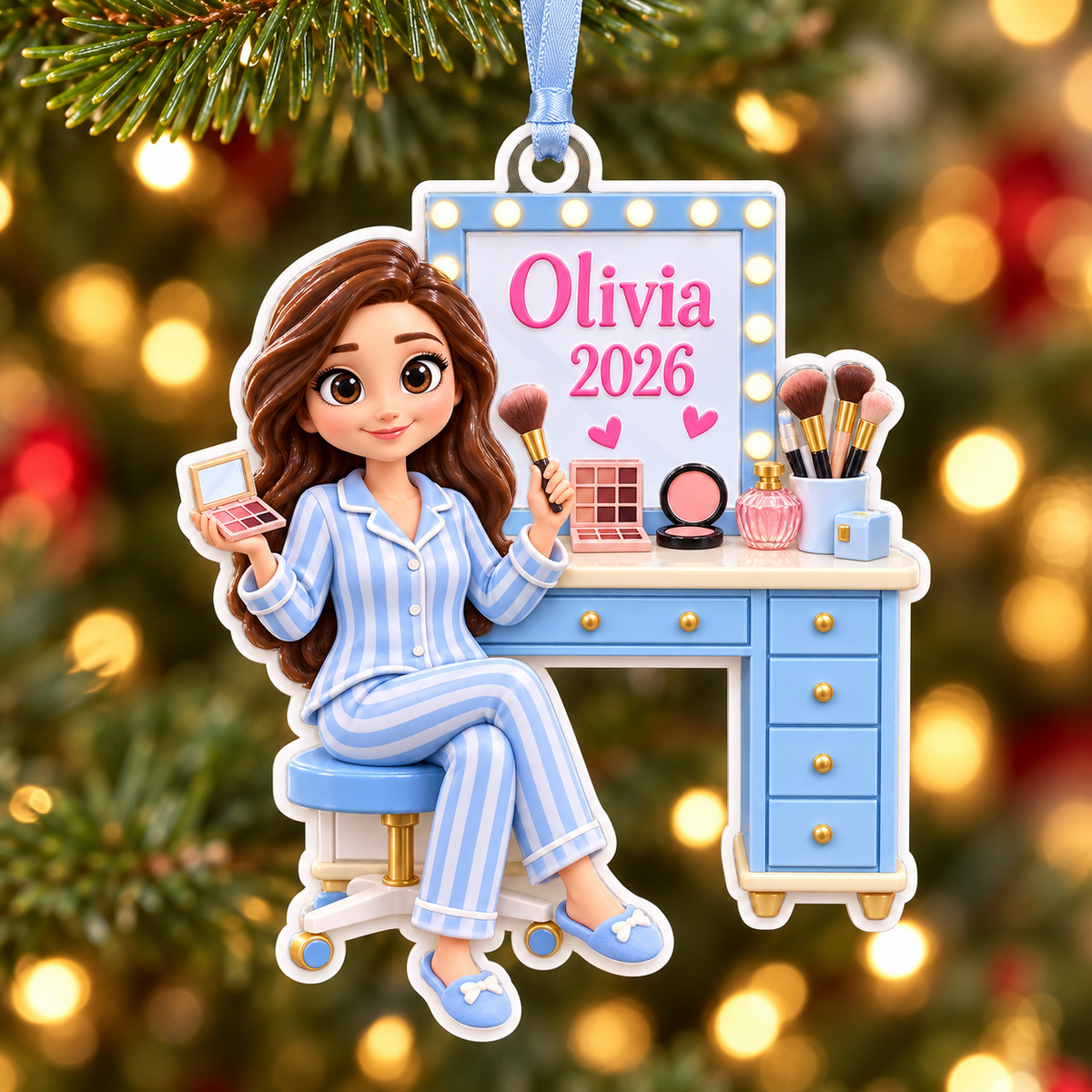 Girl in Pajamas at Vanity Mirror with Makeup Brushes - 3D Relief Ornament