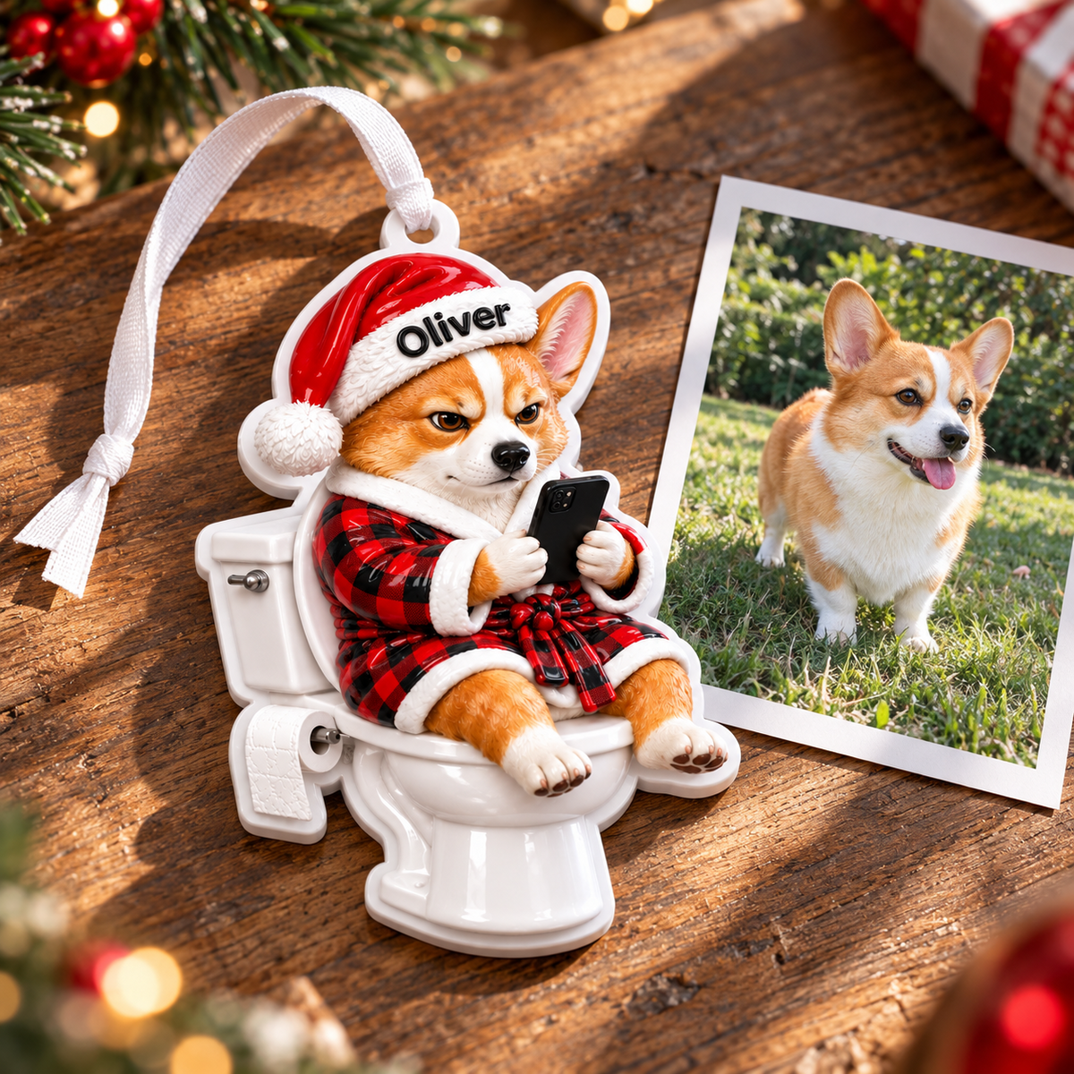 Corgi Dog on Toilet in Plaid Robe Christmas Holiday Tree Hanging Decor - 3D Relief Ornament