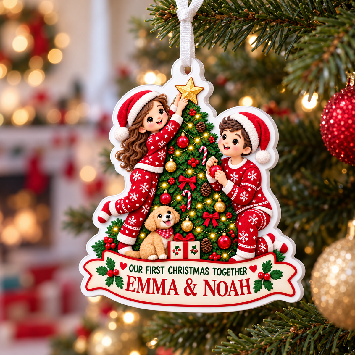Couple with Puppy Decorating Christmas Tree Holiday Keepsake - 3D Relief Ornament