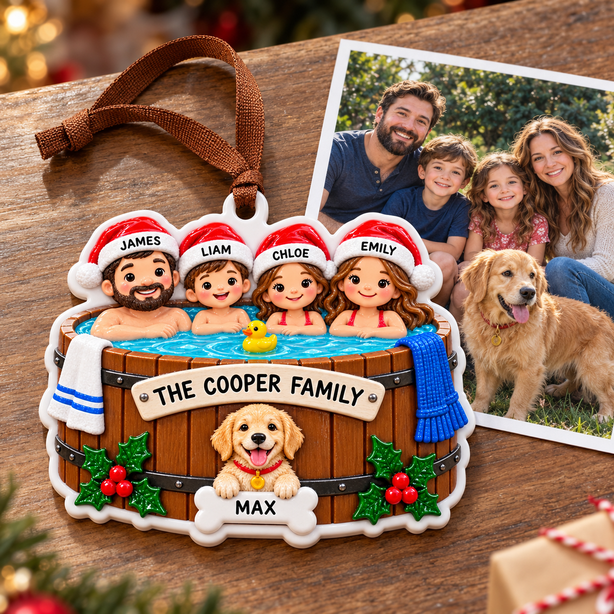Family of 4 with Dog in Hot Tub Holiday Keepsake - 3D Relief Ornament