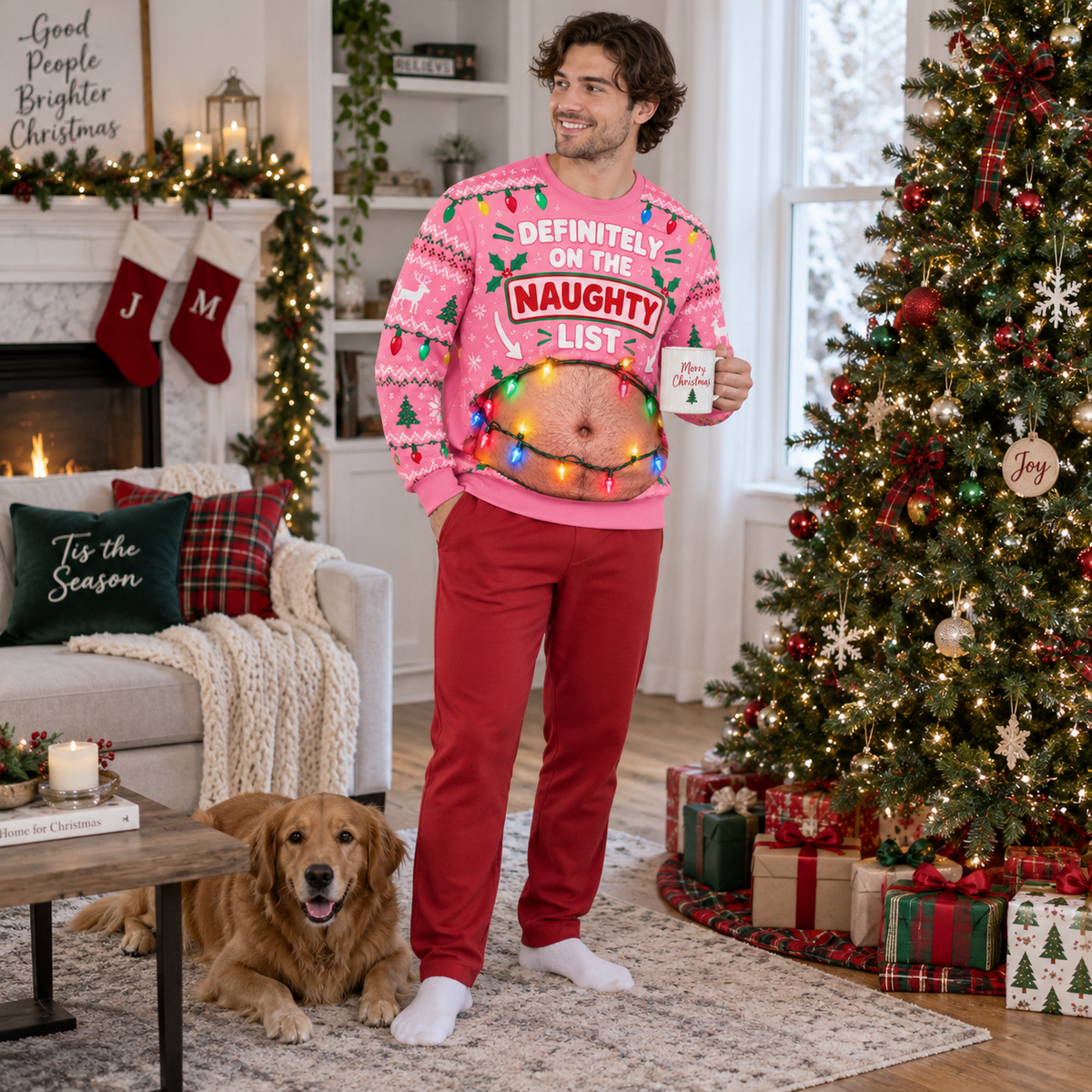 Funny Christmas Sweatshirt Fake Belly Print Novelty Holiday Pullover