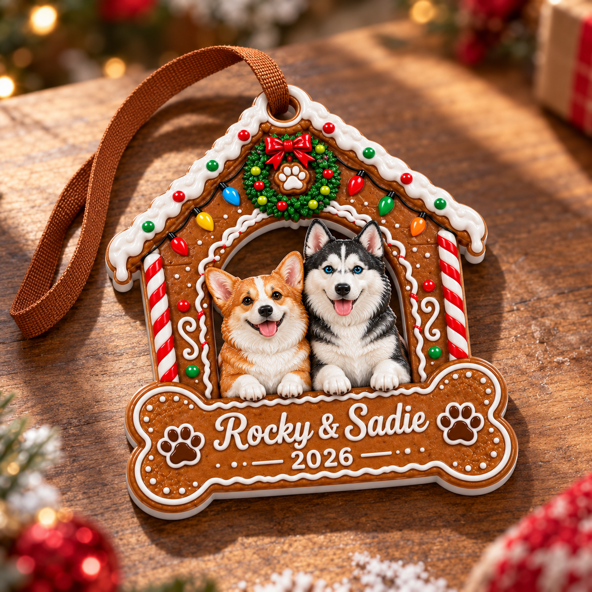 Gingerbread Doghouse Christmas Keepsake with Pet Figures and Bone Plaque - 3D Relief Ornament