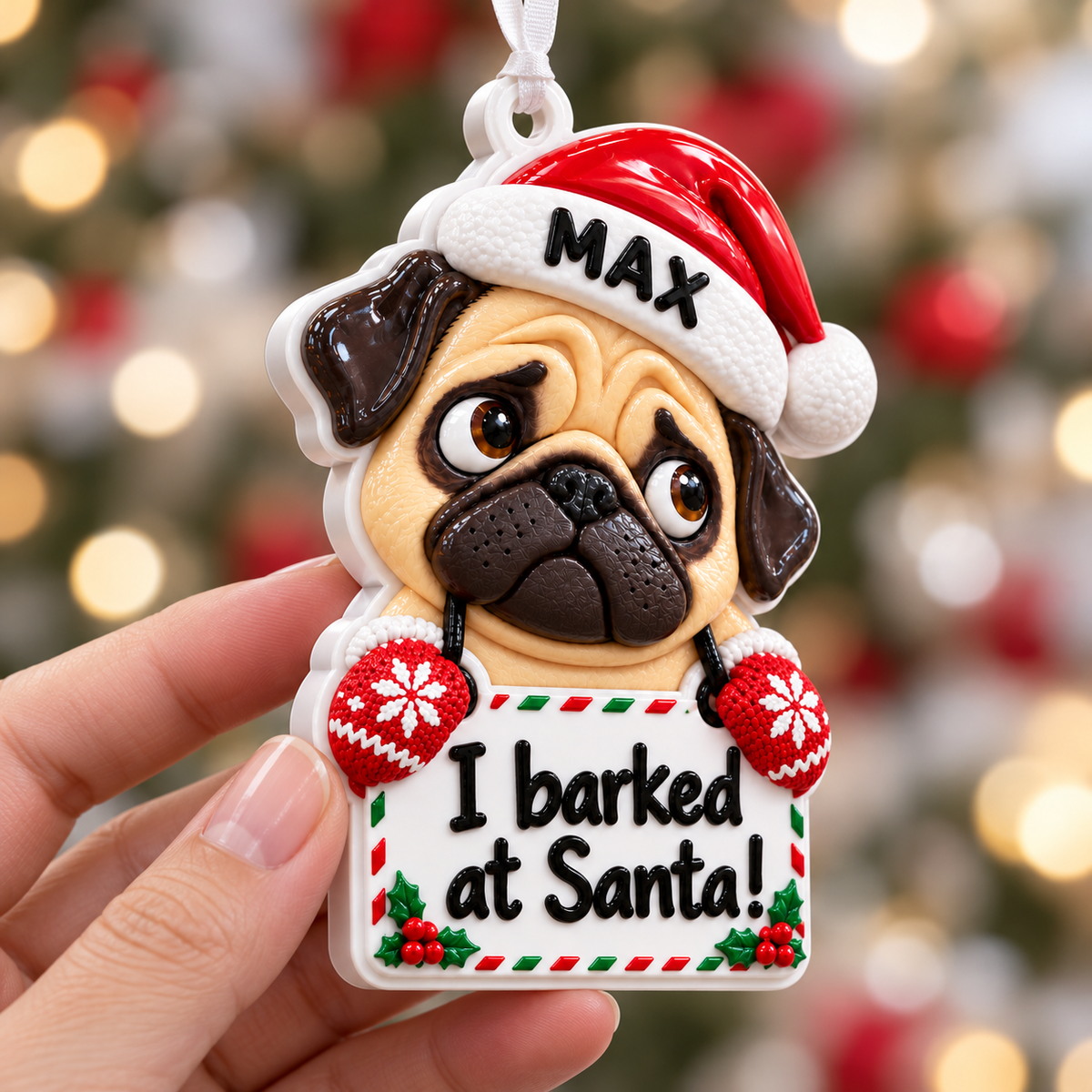 Christmas Pug Dog with Santa Hat and Confession Sign Hanging Holiday Keepsake - 3D Relief Ornament