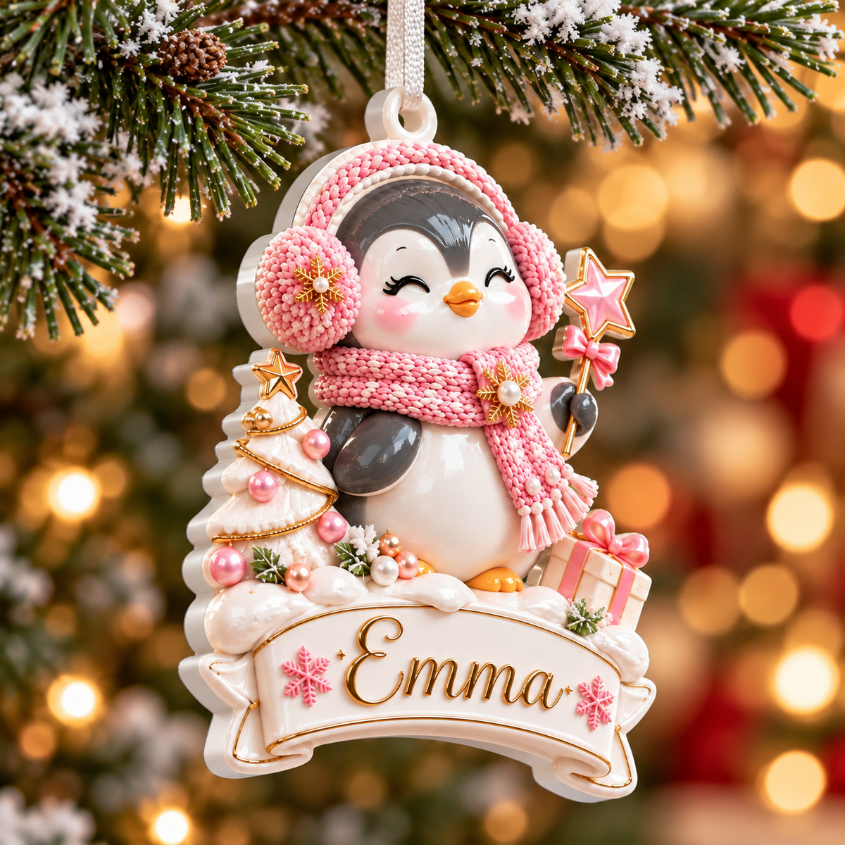 Winter Penguin with Pink Scarf and Christmas Tree Banner - 3D Relief Ornament