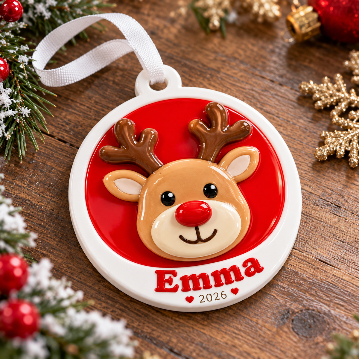 Red and White Round Christmas Reindeer Keepsake - 3D Relief Ornament