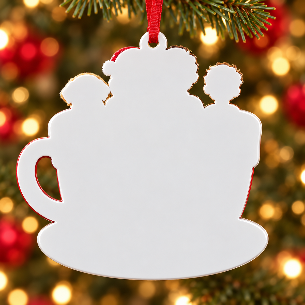 Family of Three with Dog in Hot Cocoa Mug Holiday Keepsake - 3D Relief Ornament