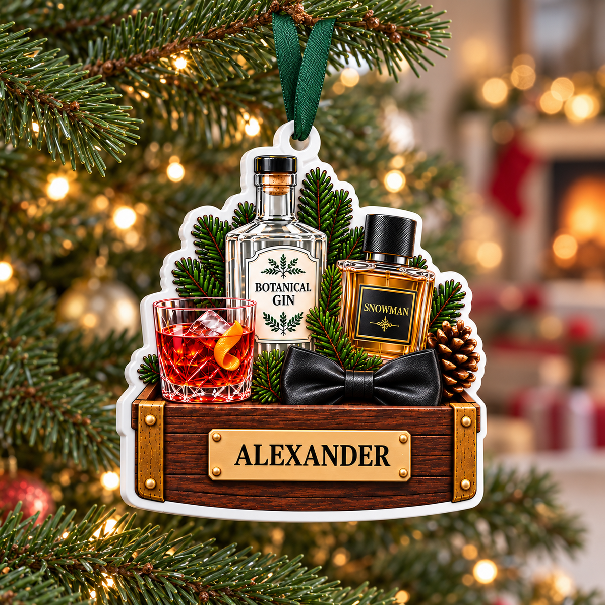 Gin Bottle Cocktail and Cologne Crate Acrylic Hanging Holiday Keepsake - 3D Relief Ornament