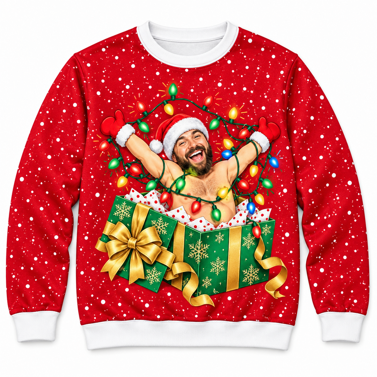 Christmas Sweatshirt Man in Wrapped Present Box Holiday Crewneck