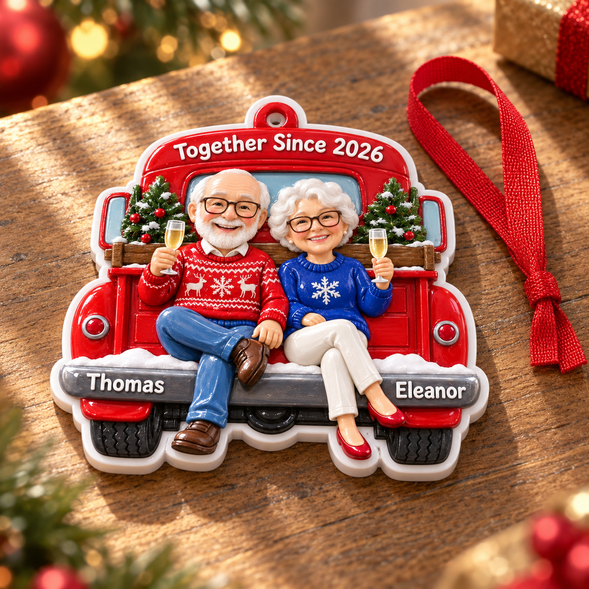 White Pickup Truck Silhouette Christmas Tree Hanging Keepsake Plaque - 3D Relief Ornament