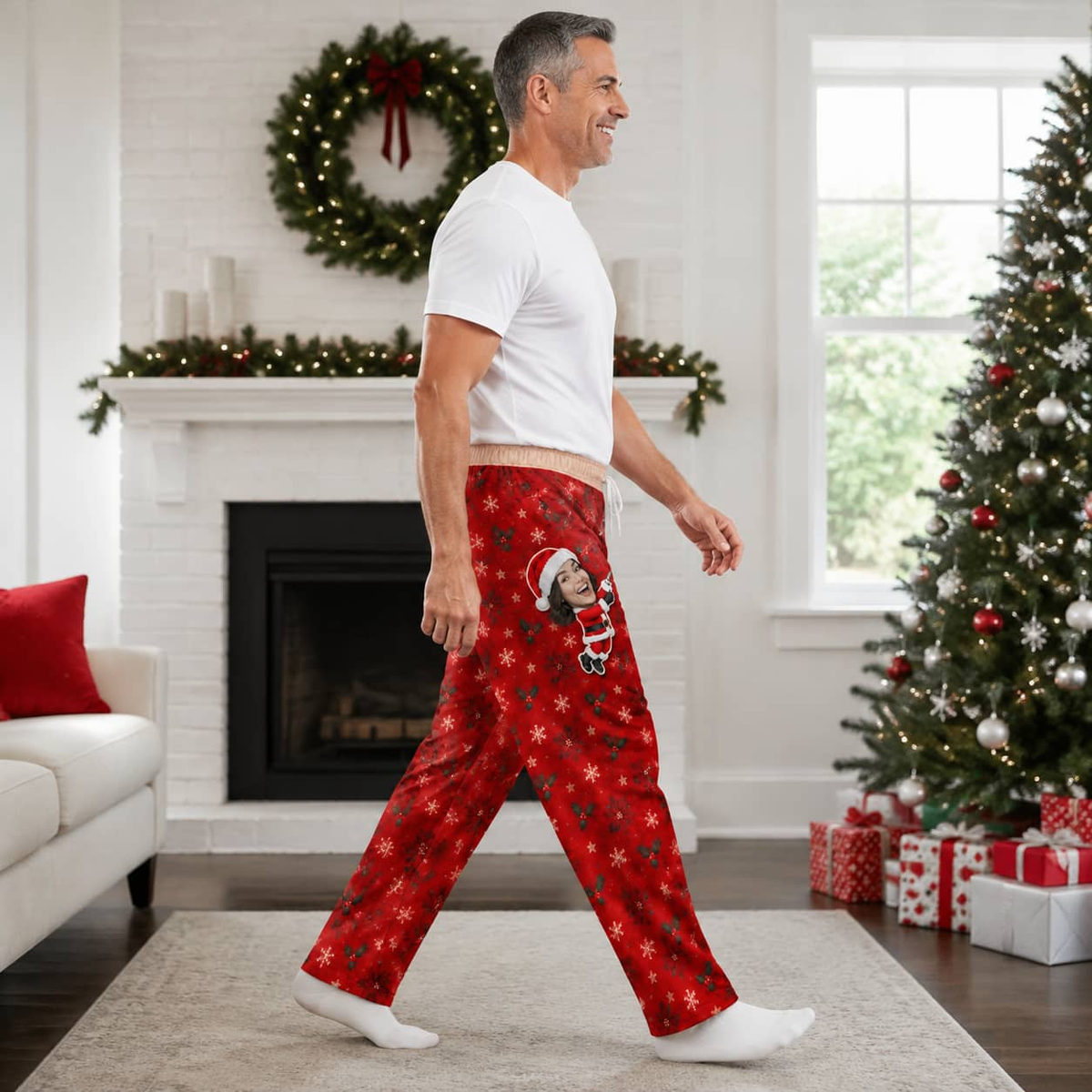 Mens Christmas Pajama Pants Novelty Zipper Print Holiday Loungewear