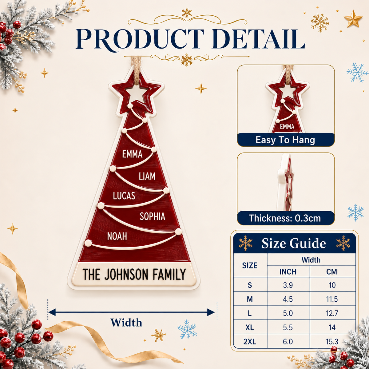 Family Christmas Tree Holiday Hanging Decoration, Red and White Star - 3D Relief Ornament