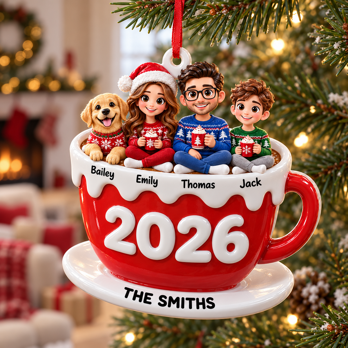 Family of Three with Dog in Hot Cocoa Mug Holiday Keepsake - 3D Relief Ornament