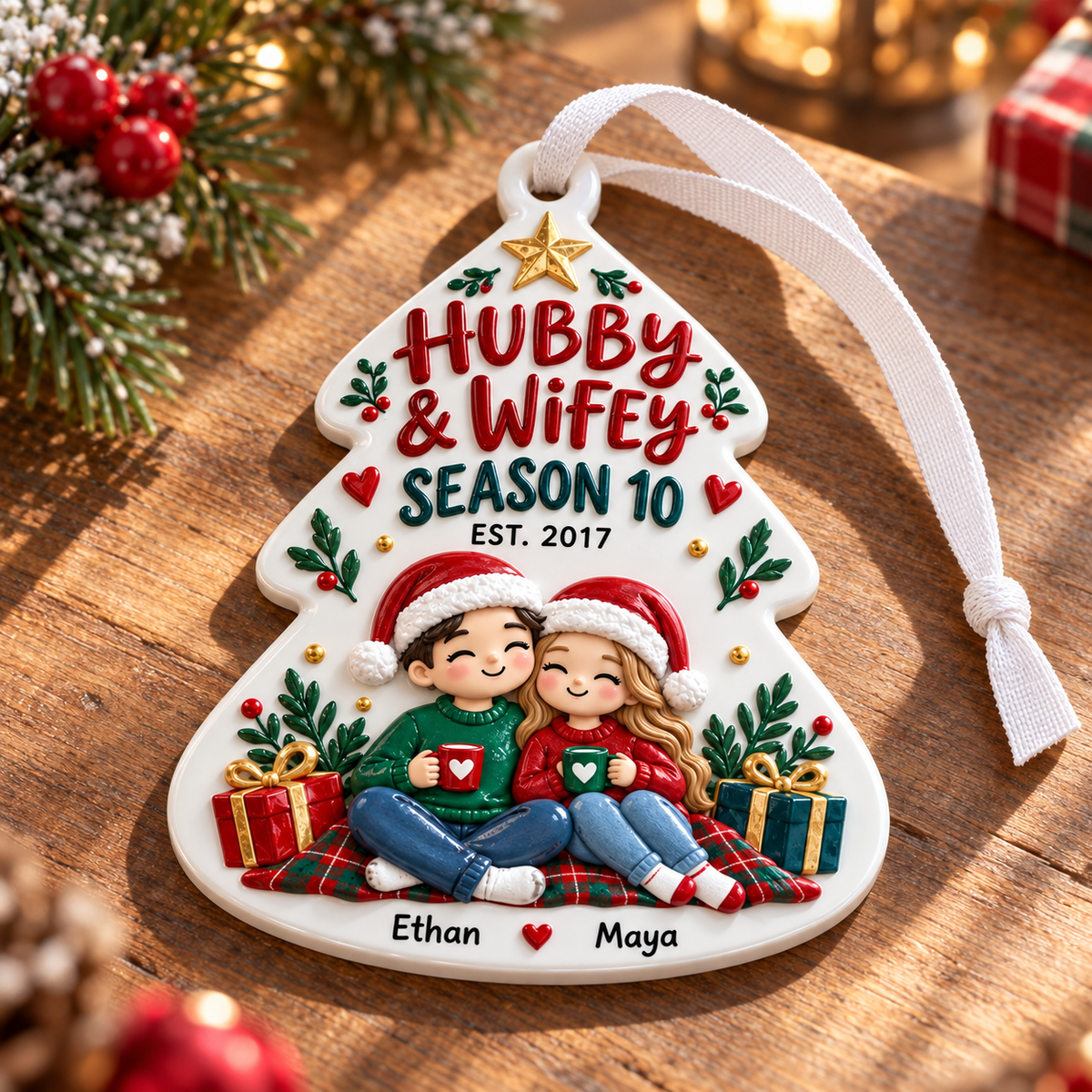 White Hubby and Wifey Christmas Tree Shaped Couple Holiday Keepsake - 3D Relief Ornament