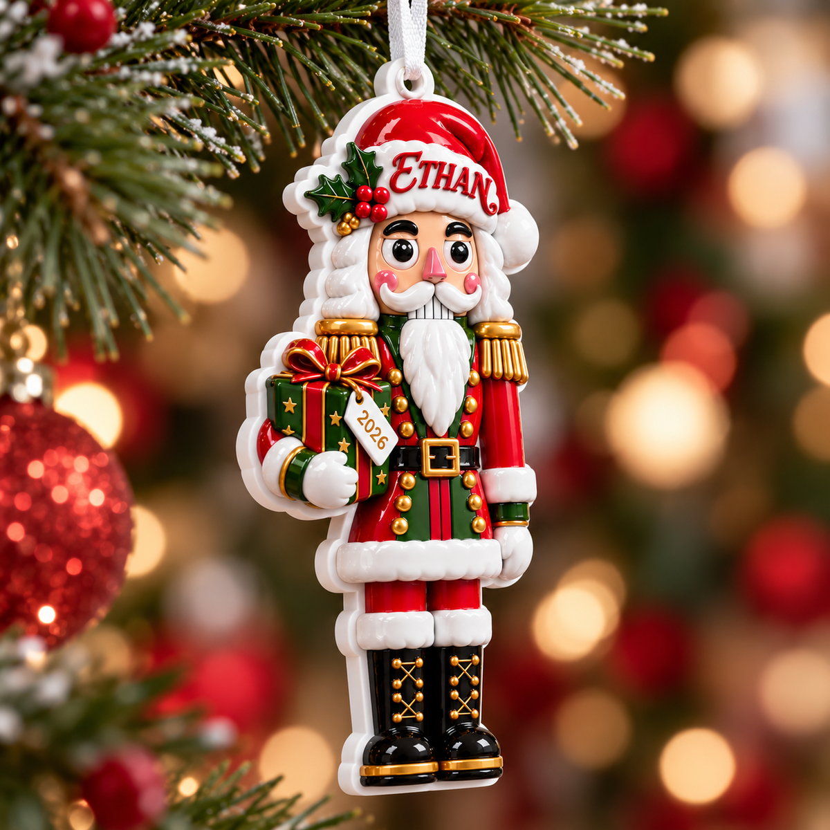 Nutcracker Soldier Holding Gift Box Acrylic Hanging Holiday Decor - 3D Relief Ornament