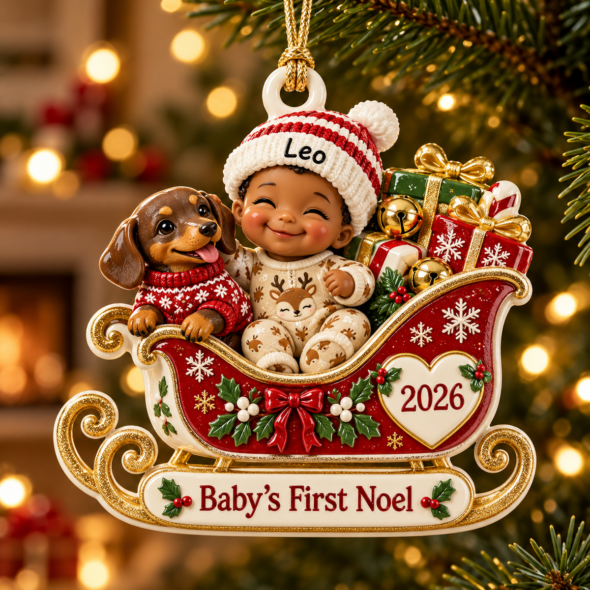 Baby's First Noel Christmas Sleigh with Dachshund Dog Keepsake - 3D Relief Ornament