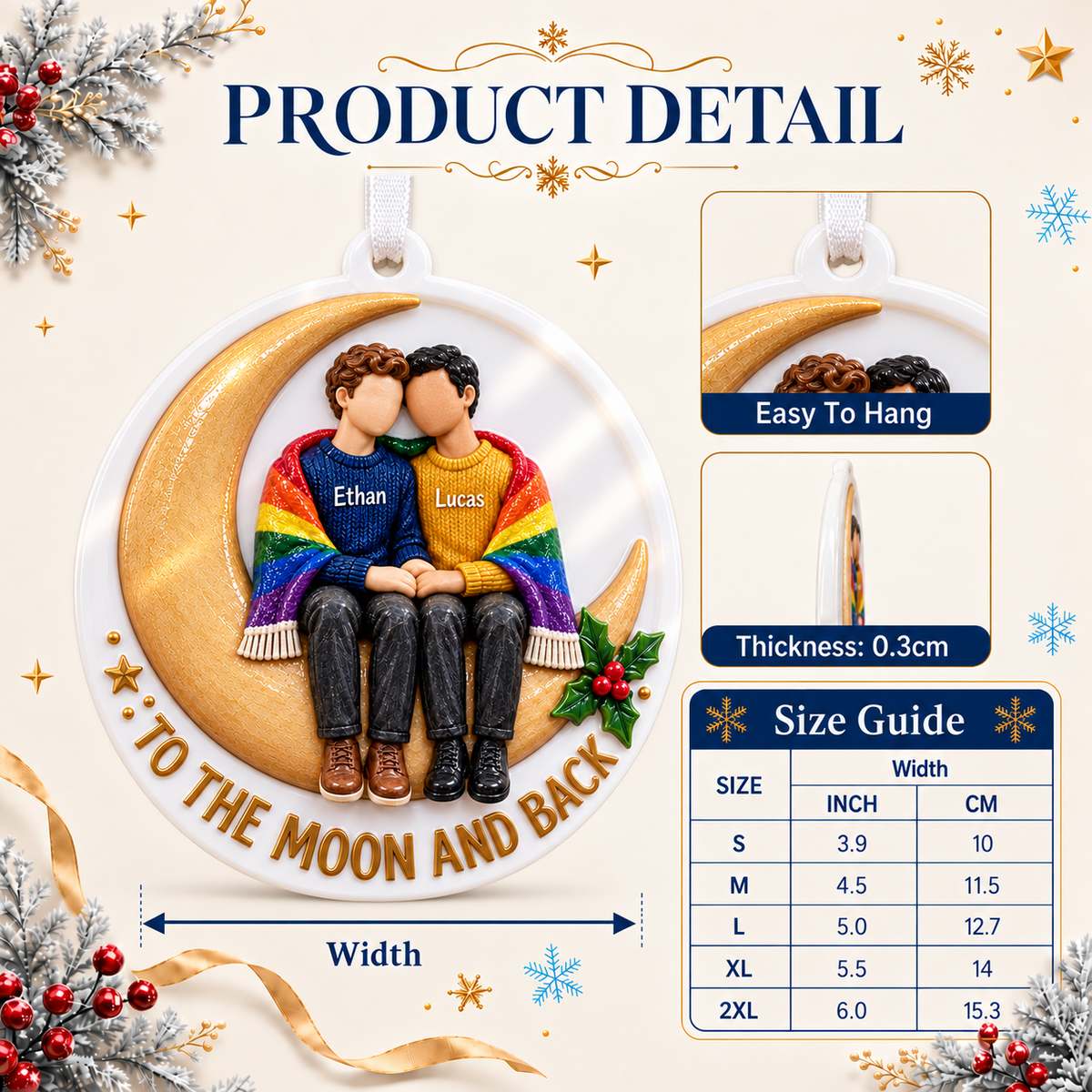 Gay Couple Sitting on Crescent Moon with Rainbow Pride Blanket Holiday Keepsake - 3D Relief Ornament