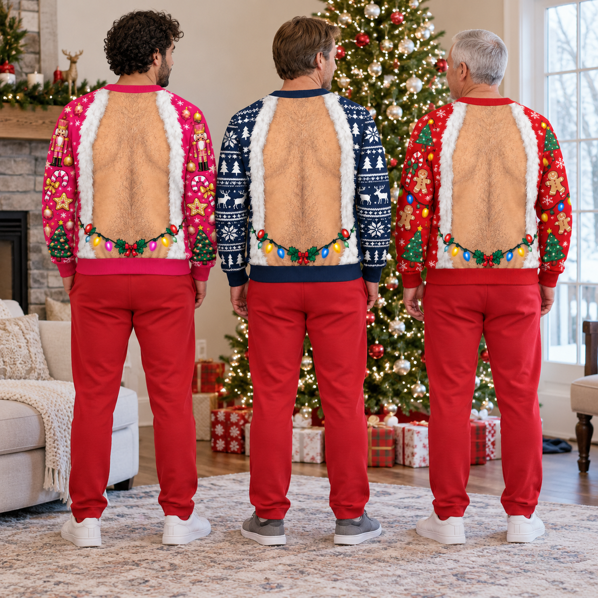Funny Christmas Sweatshirt Hairy Chest Mitten Lights Ugly Sweater