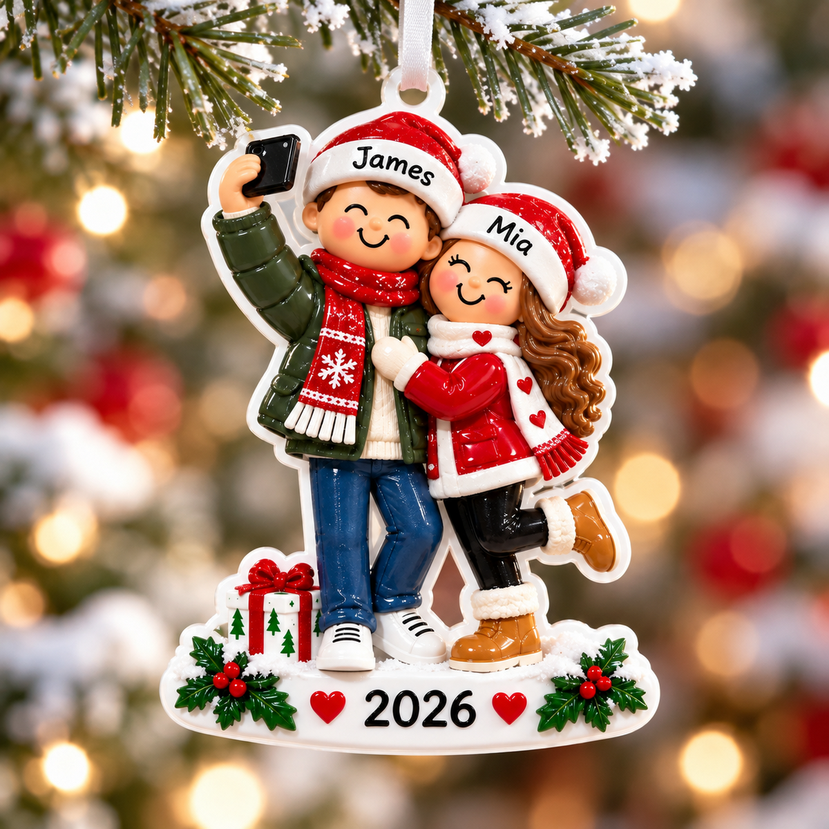 Couple Taking Selfie Christmas Tree Keepsake, Winter Holiday Figurine Hanging - 3D Relief Ornament