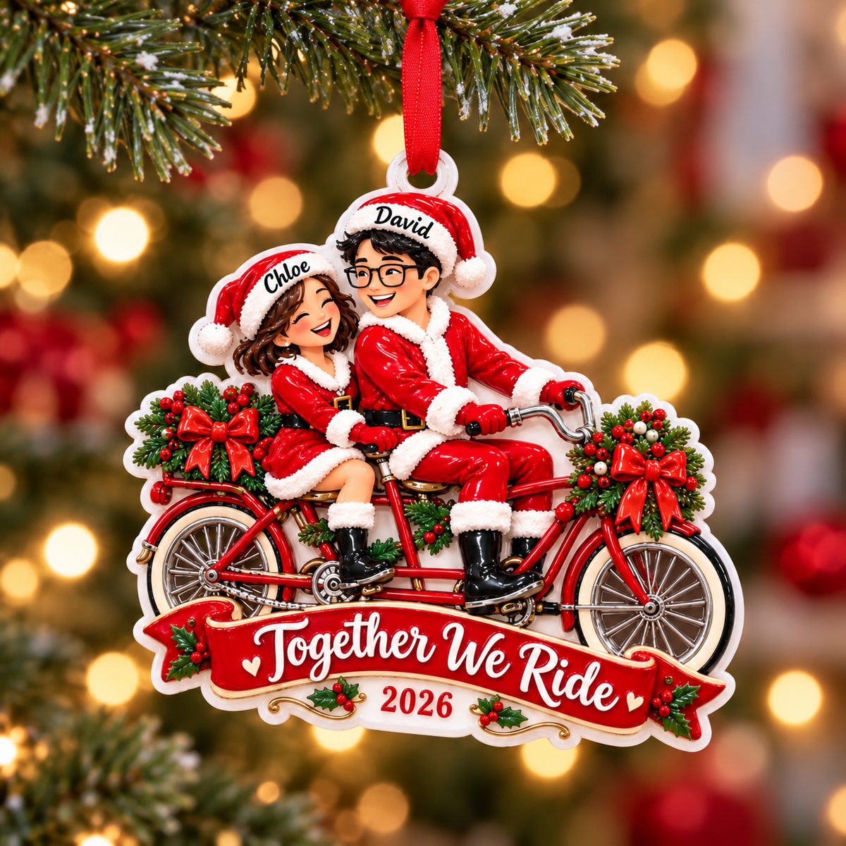 Couple Riding Tandem Bicycle Santa Holiday Keepsake - 3D Relief Ornament