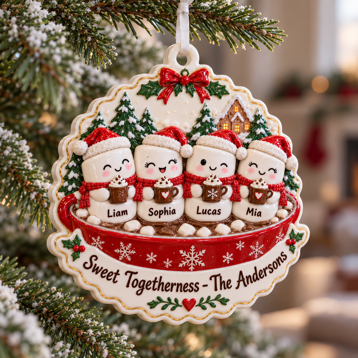 Family Marshmallows in Hot Cocoa Mug Holiday Tree Accent - 3D Relief Ornament