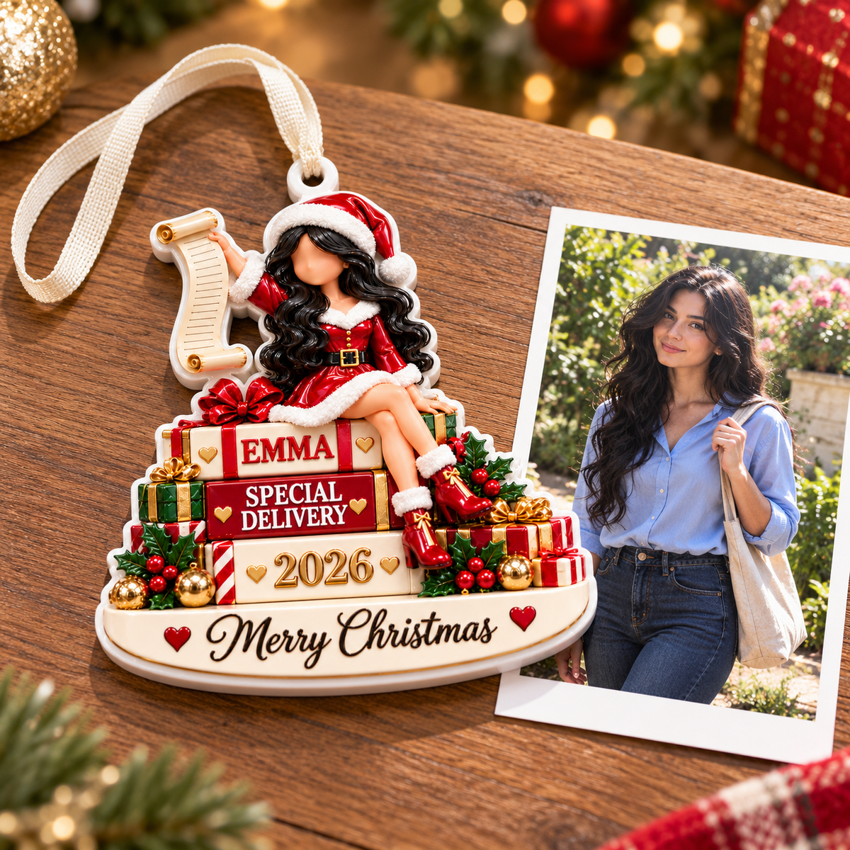 Christmas Girl on Gift Boxes Holiday Keepsake - 3D Relief Ornament