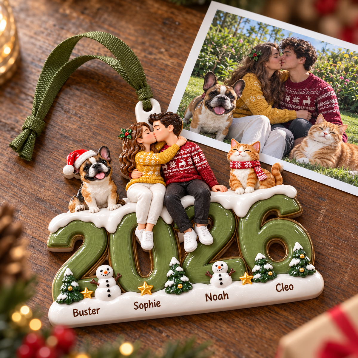 Couple with Dog and Cat on 2026 Date Resin Holiday Tree Decor - 3D Relief Ornament