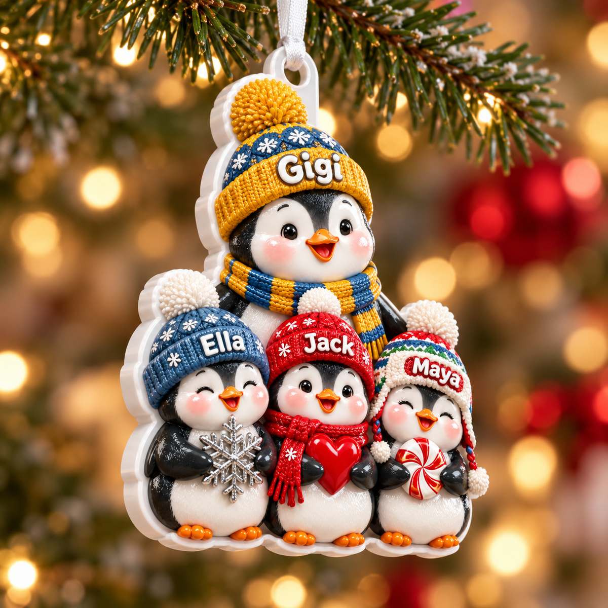 Winter Penguin Family with Knit Beanies Hanging Acrylic Holiday Accent - 3D Relief Ornament