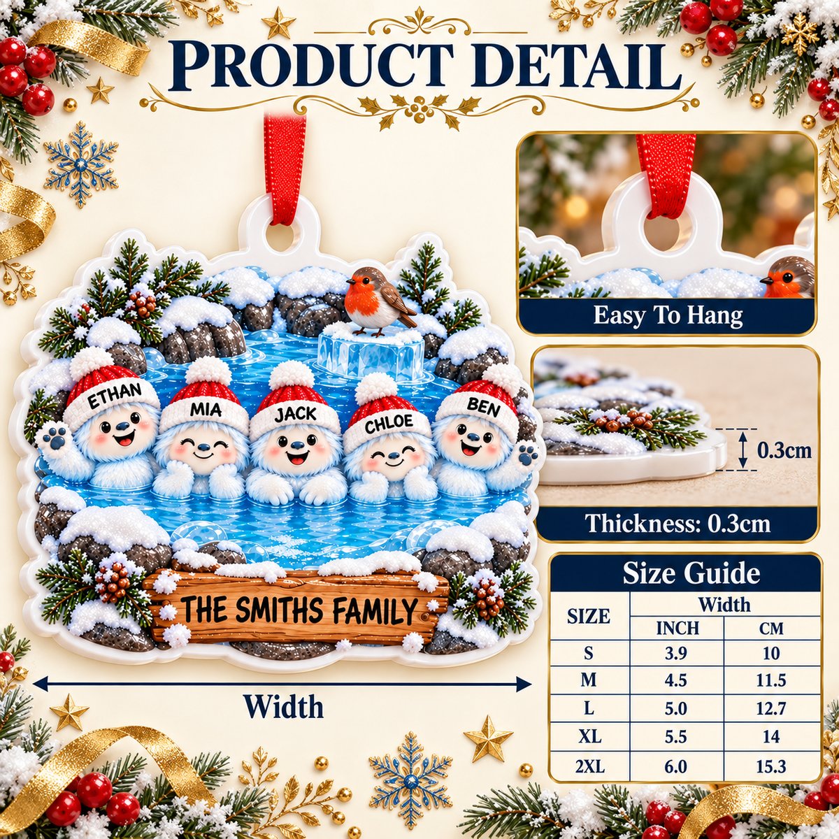 Winter Yeti Family in Hot Spring Acrylic Holiday Bauble - 3D Relief Ornament
