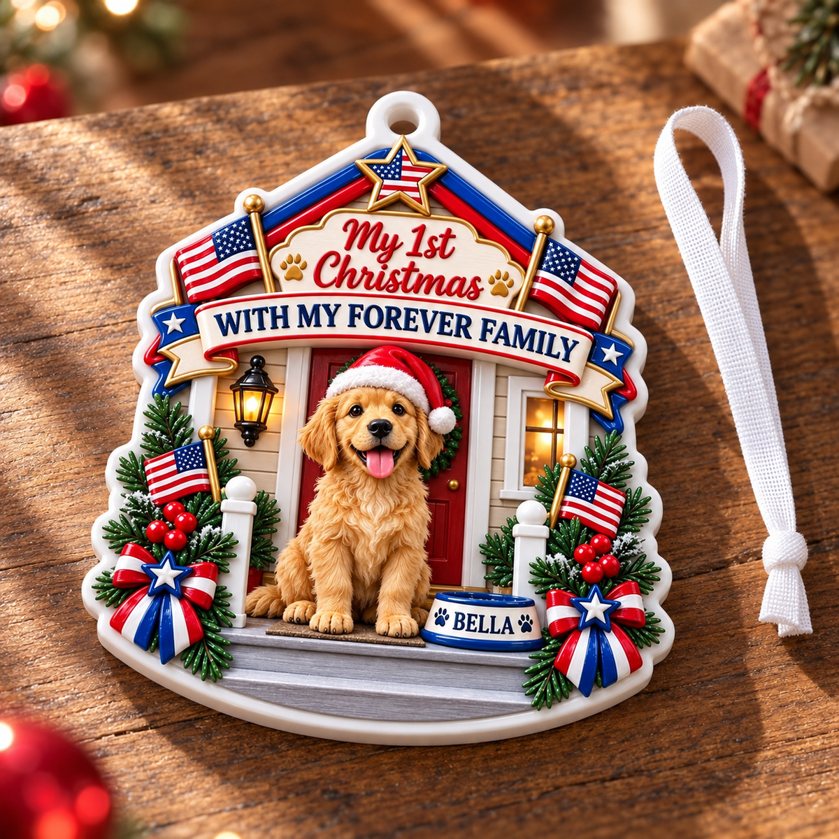 Golden Retriever Puppy First Christmas Forever Family Patriotic Porch Holiday Tree Decor - 3D Relief Ornament