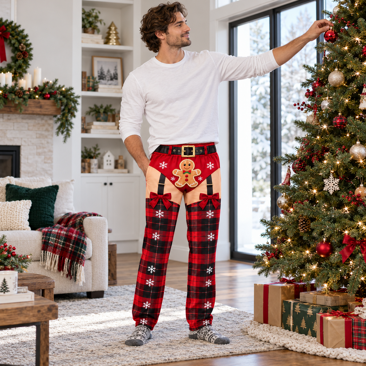 Funny Christmas Pajama Pants Plaid Gingerbread Garter Belt Trousers