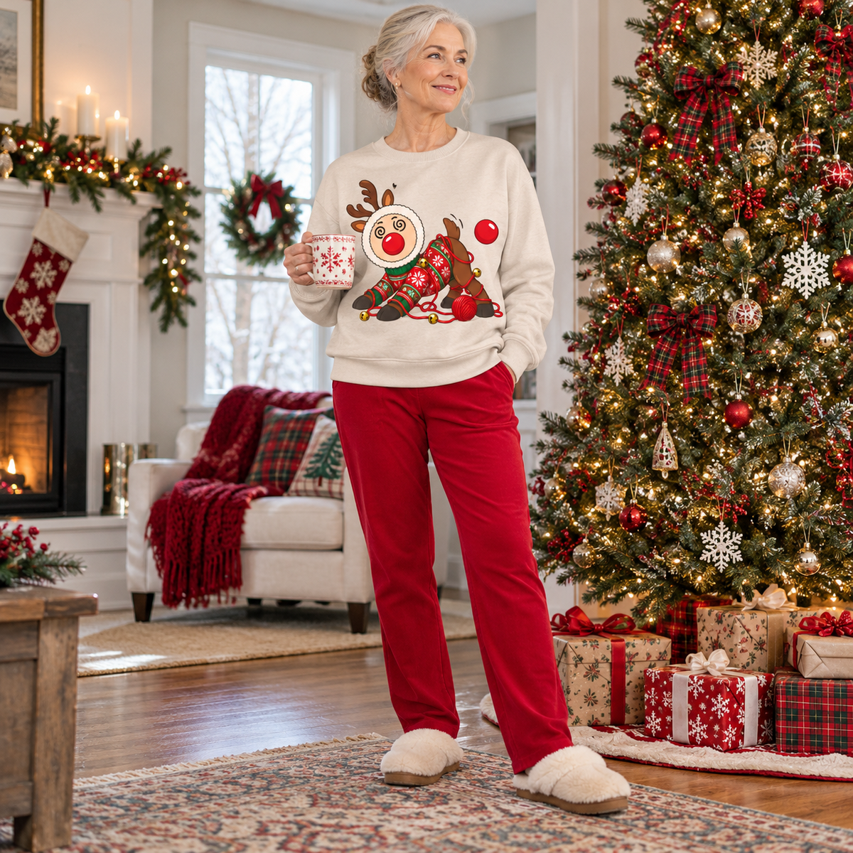Tangled Reindeer Christmas Sweatshirt, Funny Graphic Crewneck Top