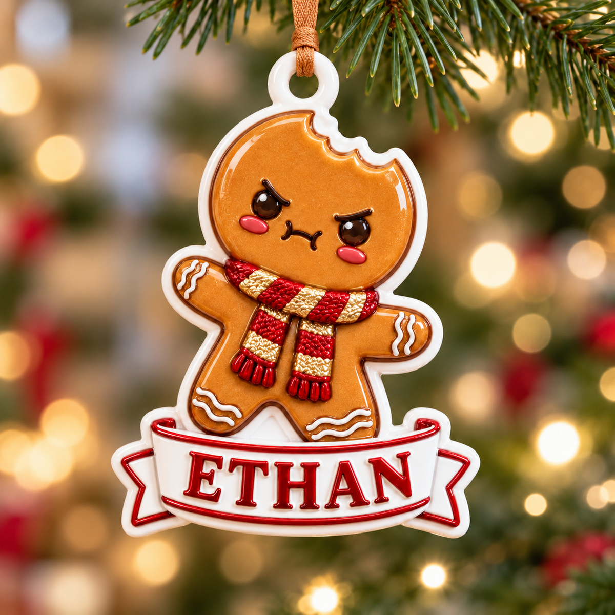 Bitten Gingerbread Cookie Banner White Ceramic Holiday Tree Decor - 3D Relief Ornament