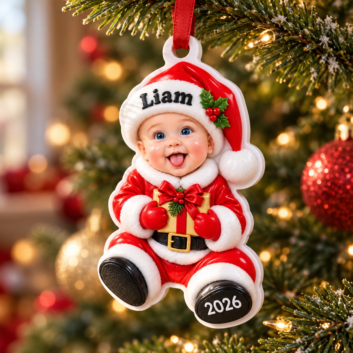 Red Santa Hat and Gold Gift Box Christmas Picture Frame Hanging Decor - 3D Relief Ornament