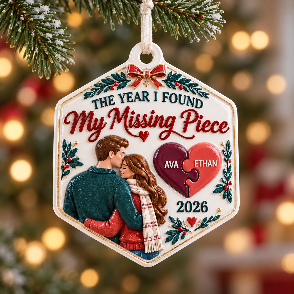 Couple Missing Piece Puzzle Heart Hexagonal Christmas Tree Keepsake - 3D Relief Ornament