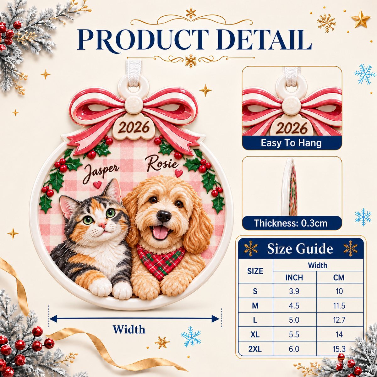 Dog and Cat Holiday Tree Hanging Keepsake with Pink Gingham Bow - 3D Relief Ornament