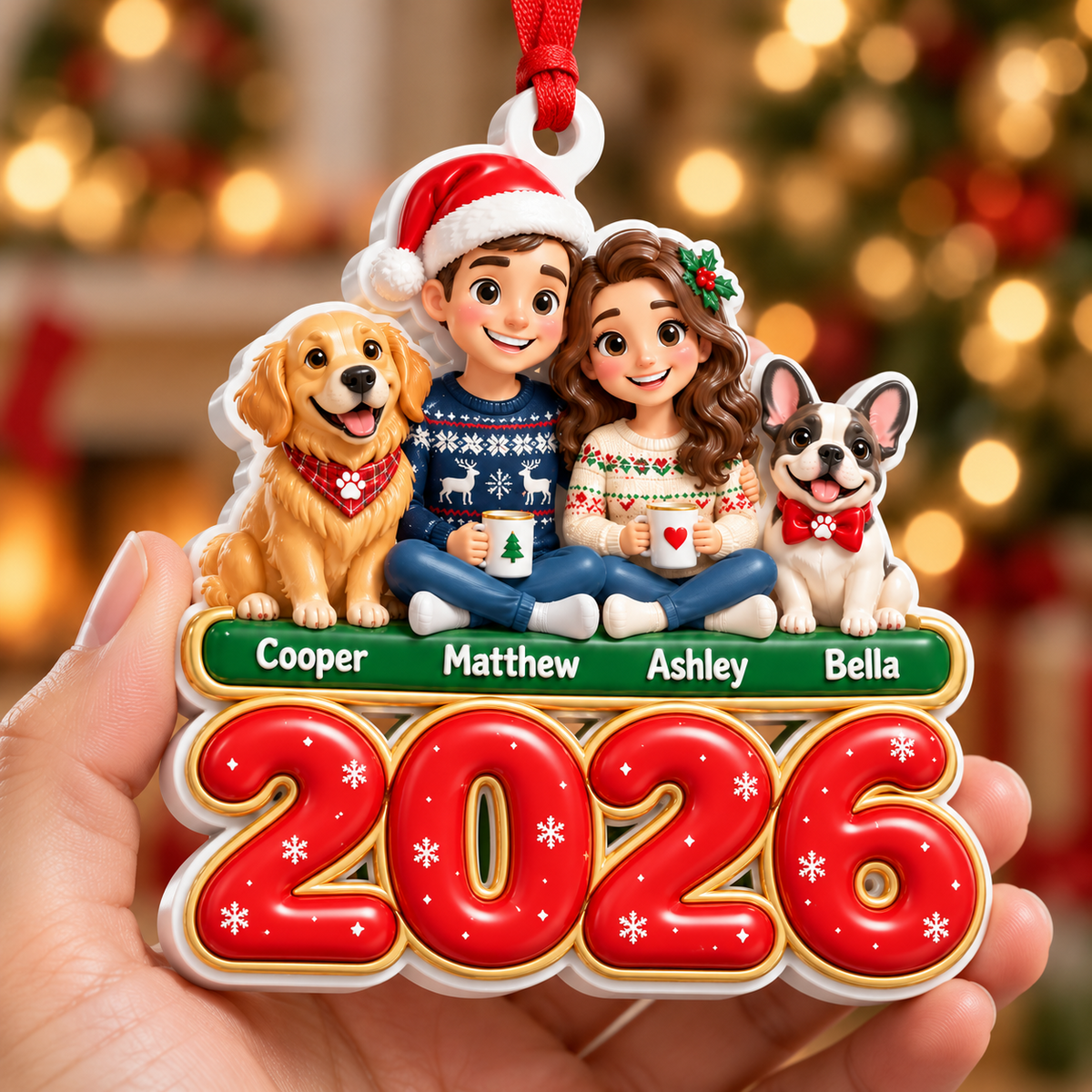 Family Couple and Dogs 2026 Christmas Holiday Tree Hanging Plaque - 3D Relief Ornament