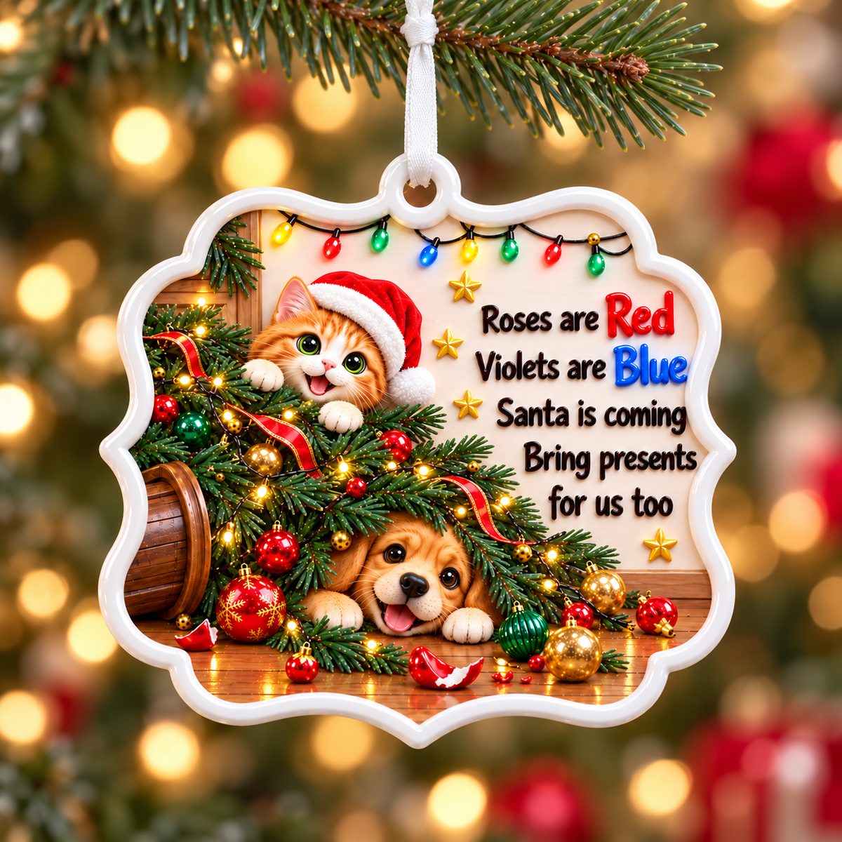 Holiday Pet Plaque Featuring Cat and Dog in Fallen Christmas Tree - 3D Relief Ornament