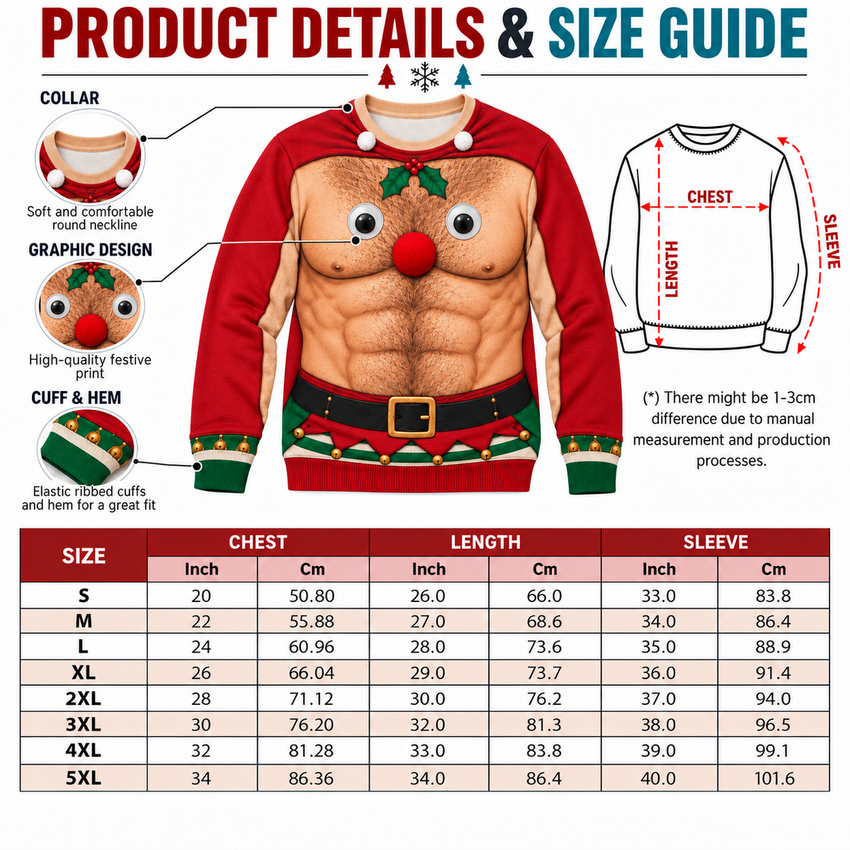 Funny Christmas Sweatshirt Hairy Chest Muscle Reindeer Crewneck
