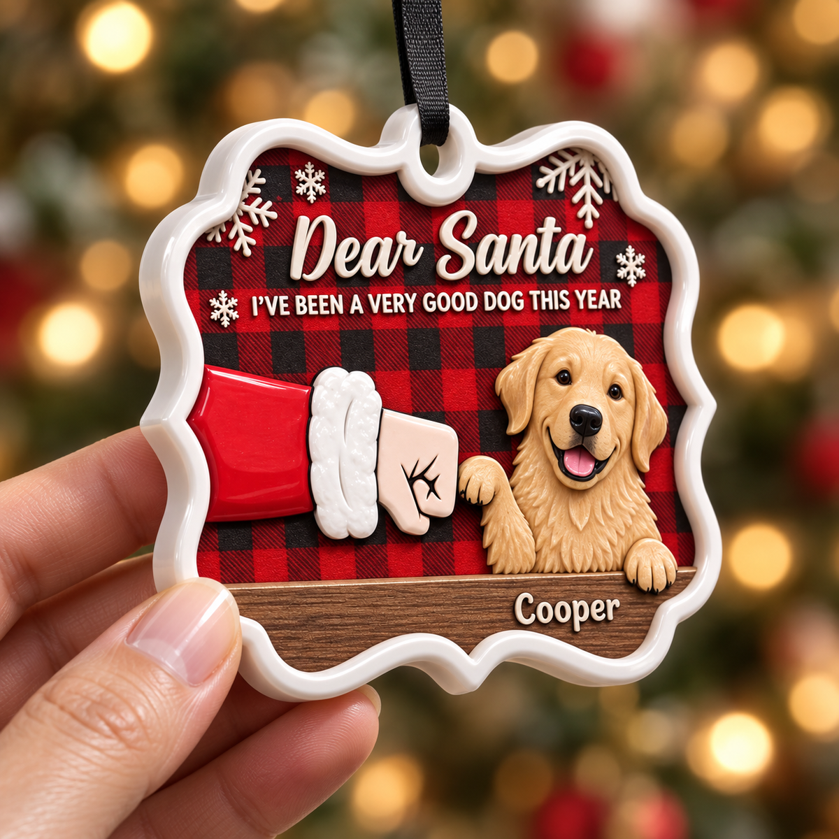 Golden Retriever Santa Fist Bump Red Plaid Holiday Tree Plaque - 3D Relief Ornament