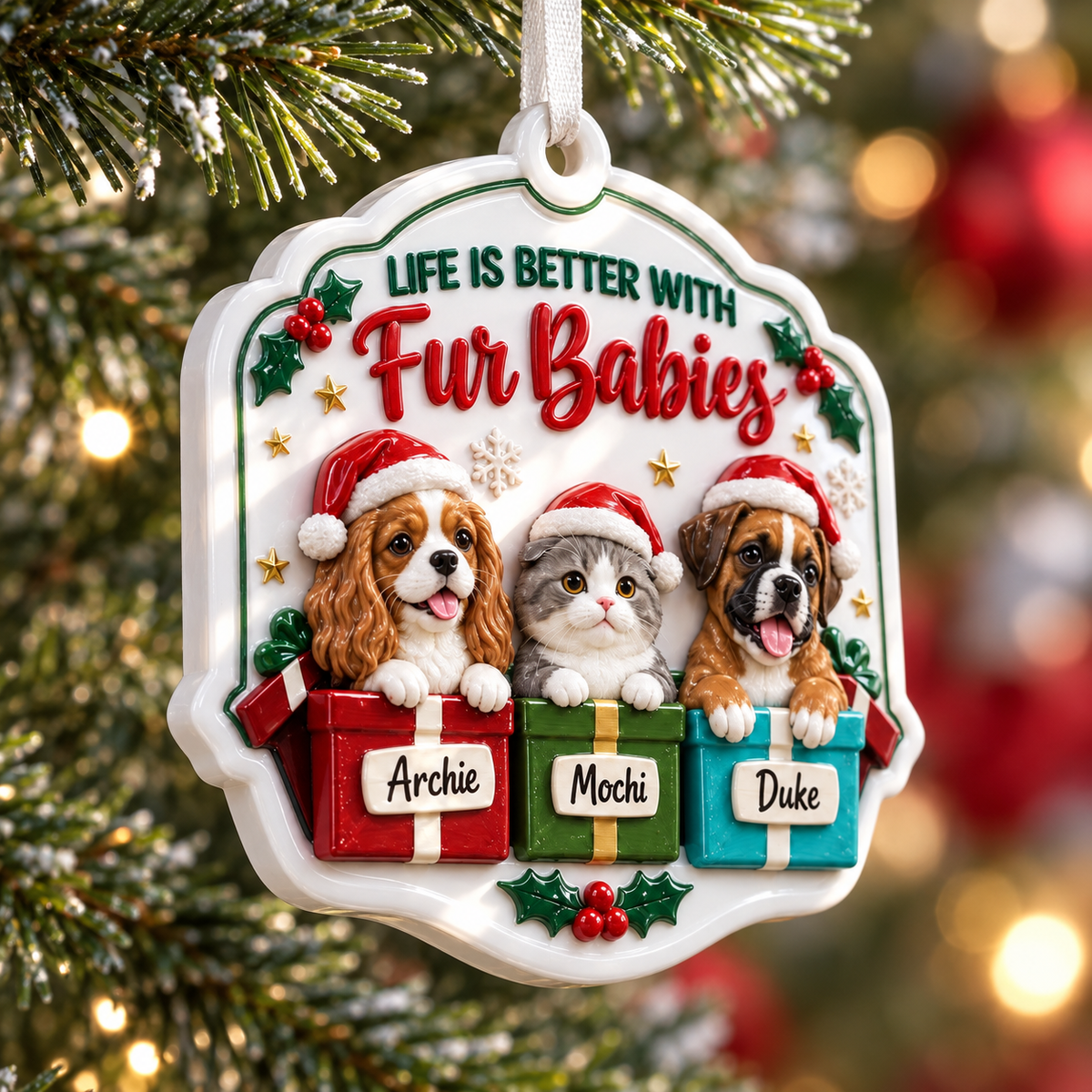 Pet Christmas Tree Hanging Plaque with Dogs, Cat in Santa Hats, Holiday Gift Boxes - 3D Relief Ornament