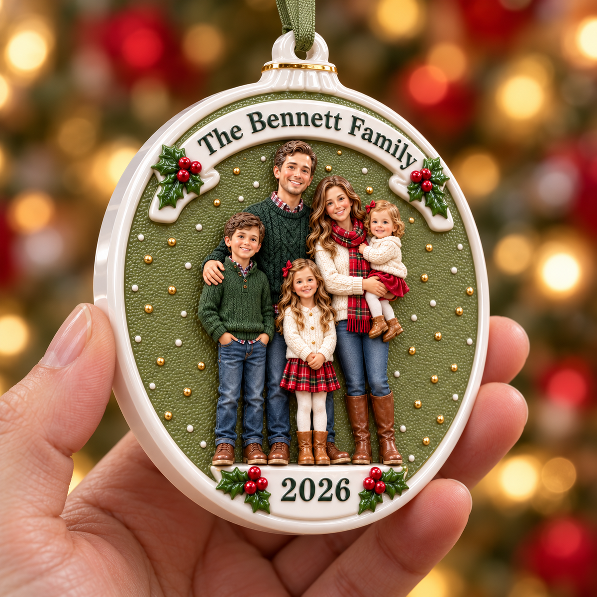 Family Portrait Ceramic Medallion with Ribbon and Holly Accents - 3D Relief Ornament