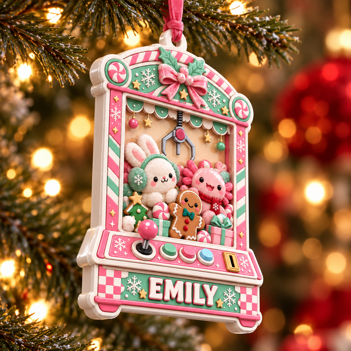 Pink Claw Machine Holiday Arcade Game with Plush Bunny and Axolotl - 3D Relief Ornament
